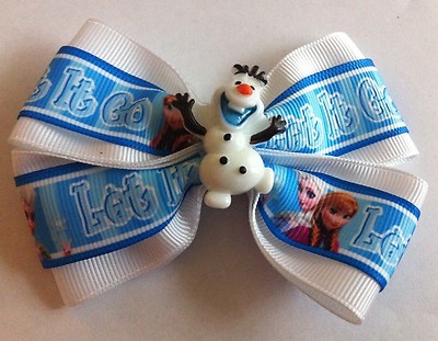 Girls Hair Bow 4'' Wide Frozen Olaf Let It Go White Blue Olaf French Barrette