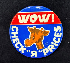 Vintage Toys R Us Pin Button "Wow Check R Prices" Barback Blue Geoffrey 3"