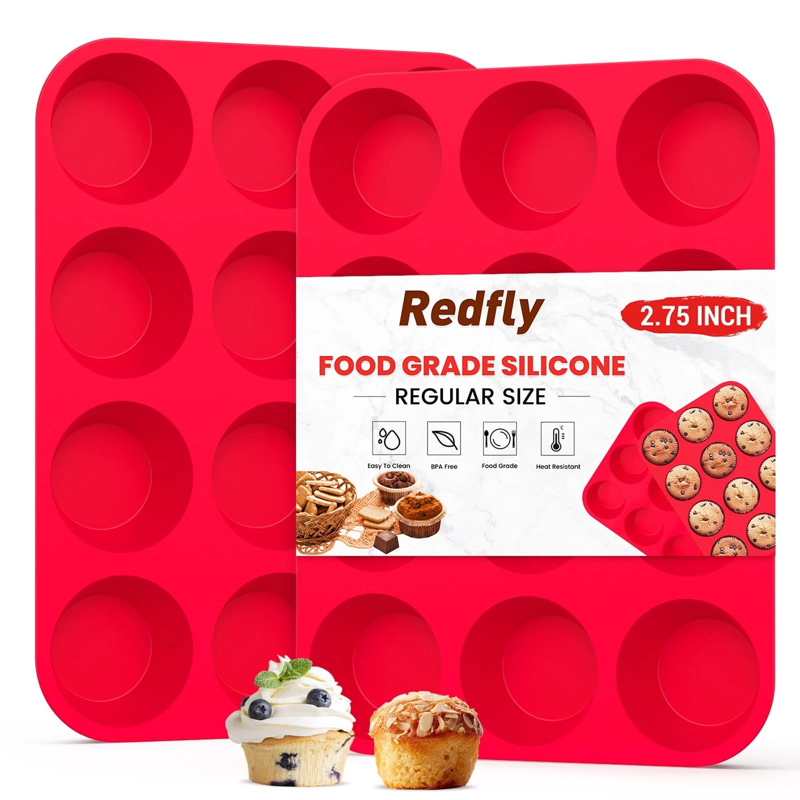 Redfly 2 Pack Silicone Muffin Pan & Cupcake Pans 2pcs: 12-Cup Regular, Red