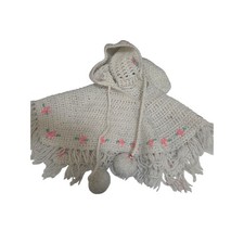 Handmade White Crochet Baby Poncho Hooded Fringe Pink Floral Pom Poms