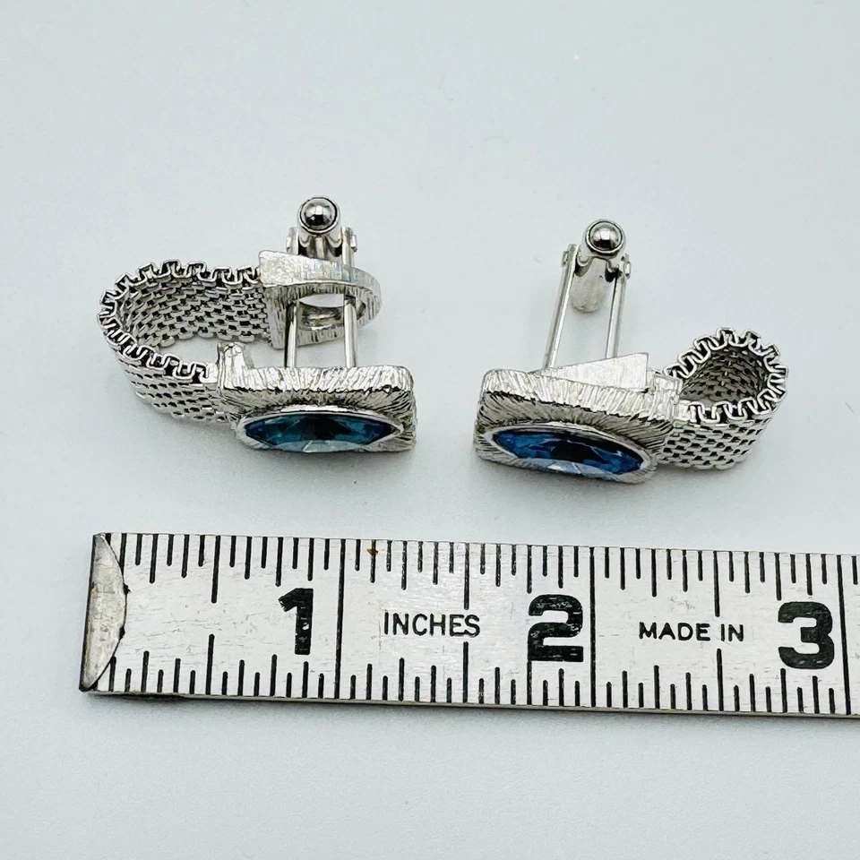 Gemelos Vintage Azul Estrás Cabujón Tono Plata Malla Envoltura Alrededor Foto 3 de 4