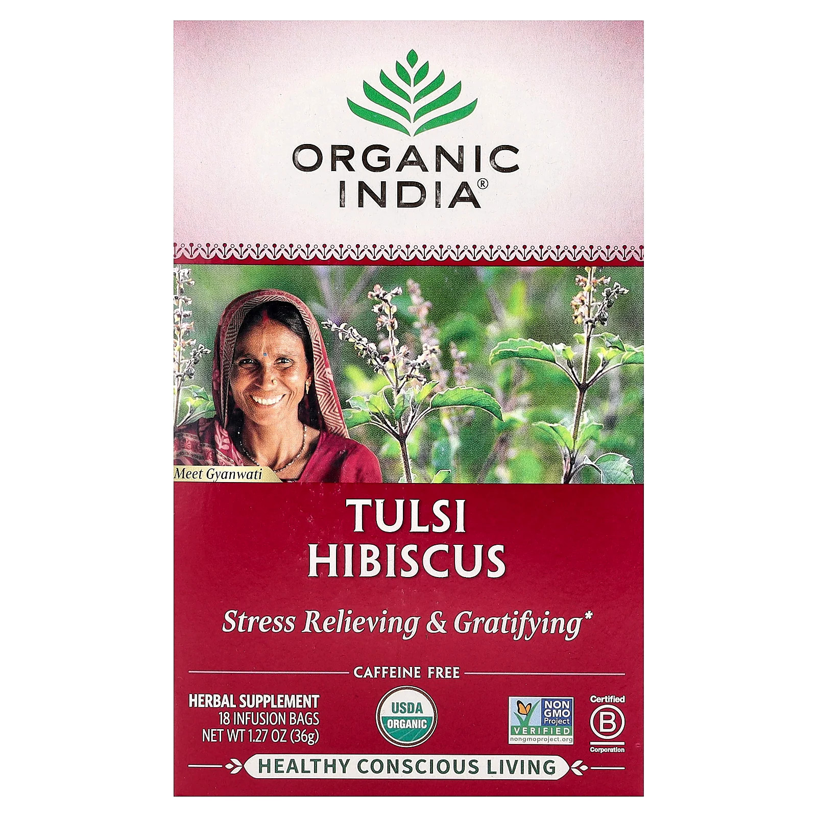 Tulsi Hibiscus Tea, Caffeine-Free, 18 Infusion Bags, 1.27 oz