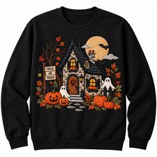 Haunted House Halloween Sweatshirt Ghost Witch Pumpkin Spooky Crewneck