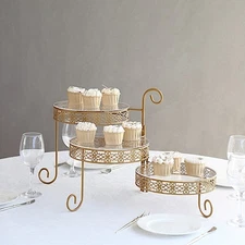 Gold 28 in Round 3-Tier Metal Rotating CUPCAKE STAND Clear Acrylic Plates Party