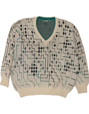 FISCHER Herren V-Neck Pullover Sweater IT 56 2XL Off White Geometric Baumwolle AU09