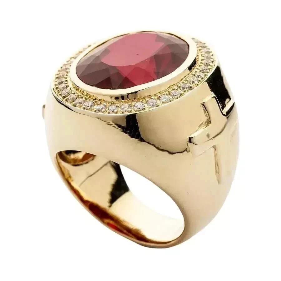 3Ct Oval Cut Lab-Created Red Ruby Men's Cross Bishop Ring 14K Yellow Gold Plated - Image 3 of 4