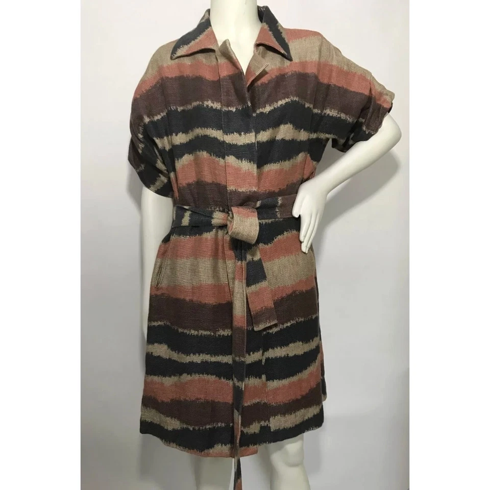 Abrigo Max Azria Multicolor Rayas Mezcla Lino Corbata Cinturón Manga Corta Talla M Foto 2 de 4