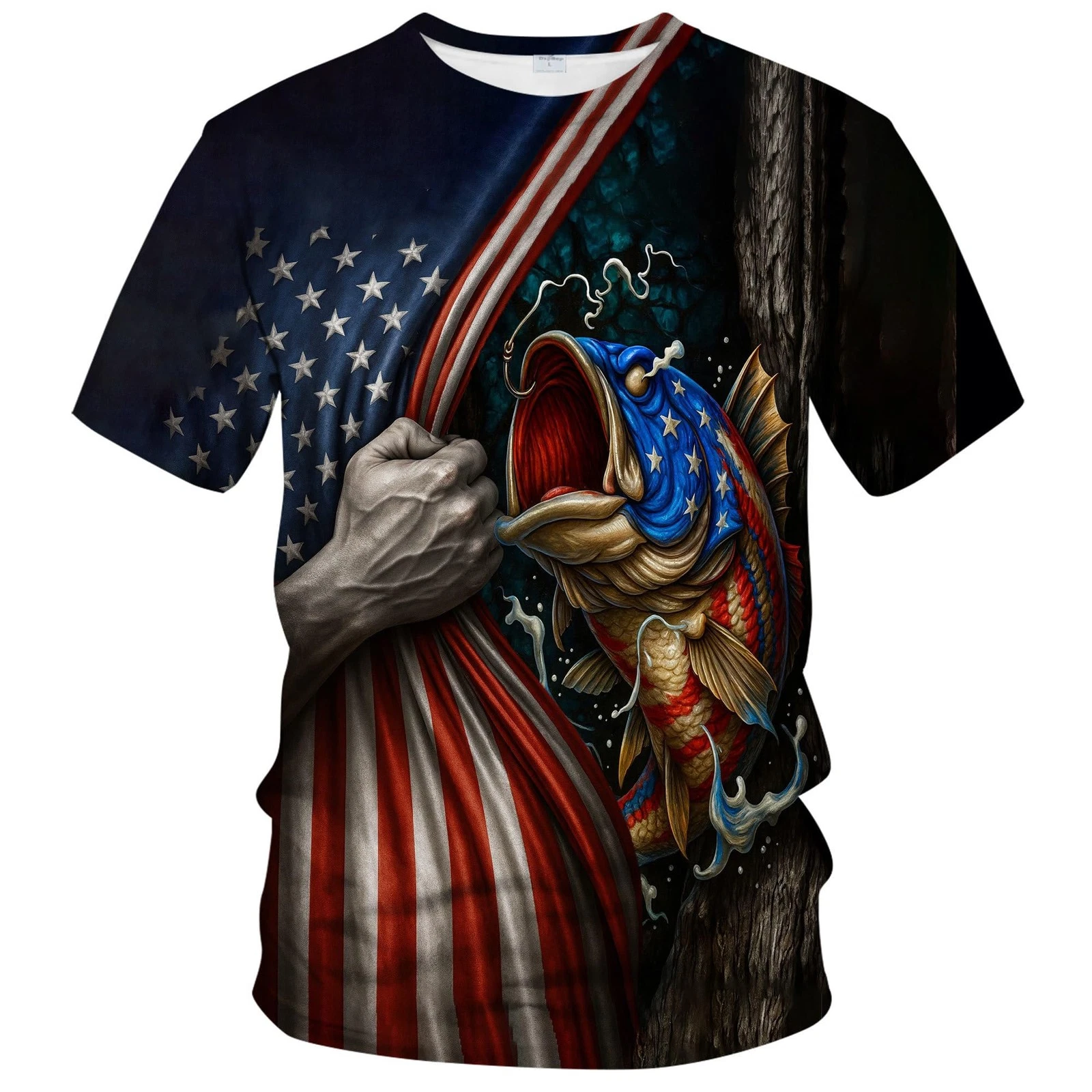 Fishing T Shirt Men Catfish Graphic Tee American Flag Patriotic USA Fishing S...