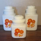 Vintage Milk Glass Canister Retro Home Decor Orange Red White Floral Set Of 3