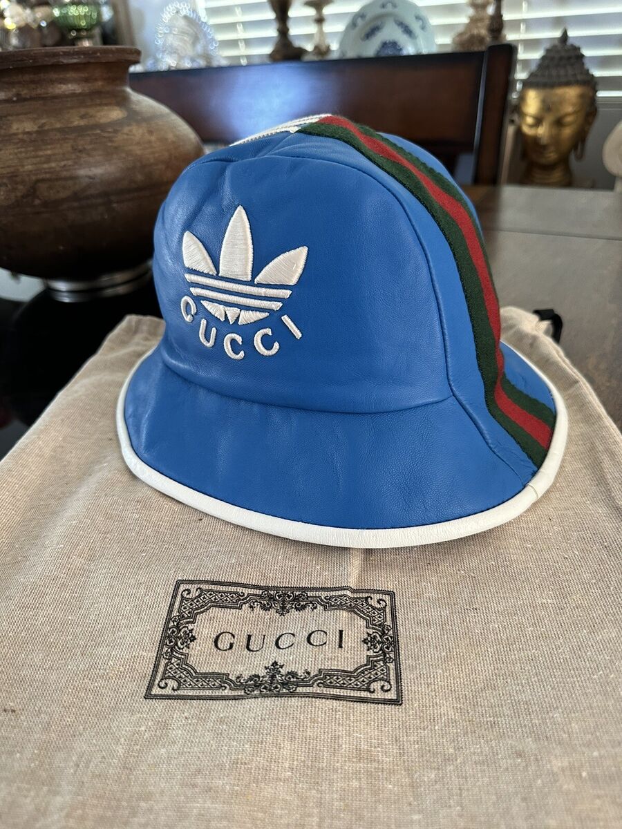 New Gucci x Adidas Leather Fedora Bucket Hat Blue Medium New Gucci x Adidas Leather Fedora Bucket Hat Blue Medium