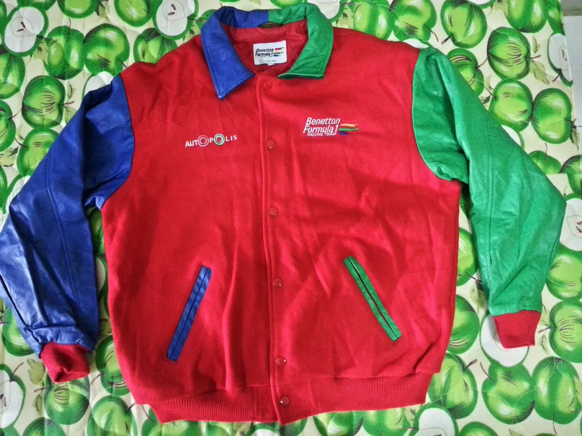 VINTAGE BENETTON FORMULA 1 RACING TEAM VARSITY JACKET LEATHER SLEEVES L