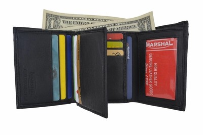 Men's Classic Black Leather Trifold Wallet - Holds 9 Cards & 2 IDs With Photo Slot