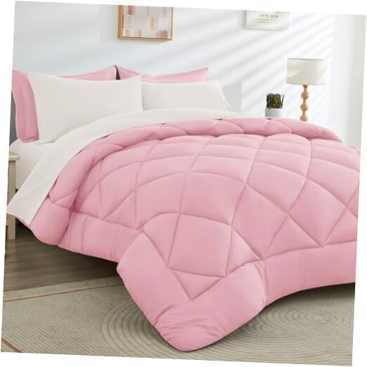 Comforter Set 7 Pieces, All Season Bed in a Bag for Bedroom, Queen Pink & Ivory-image