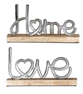Aufsteller Mango Schriftzug Home Love H17cm Metall Holz Deko Mangoholz Tischdeko