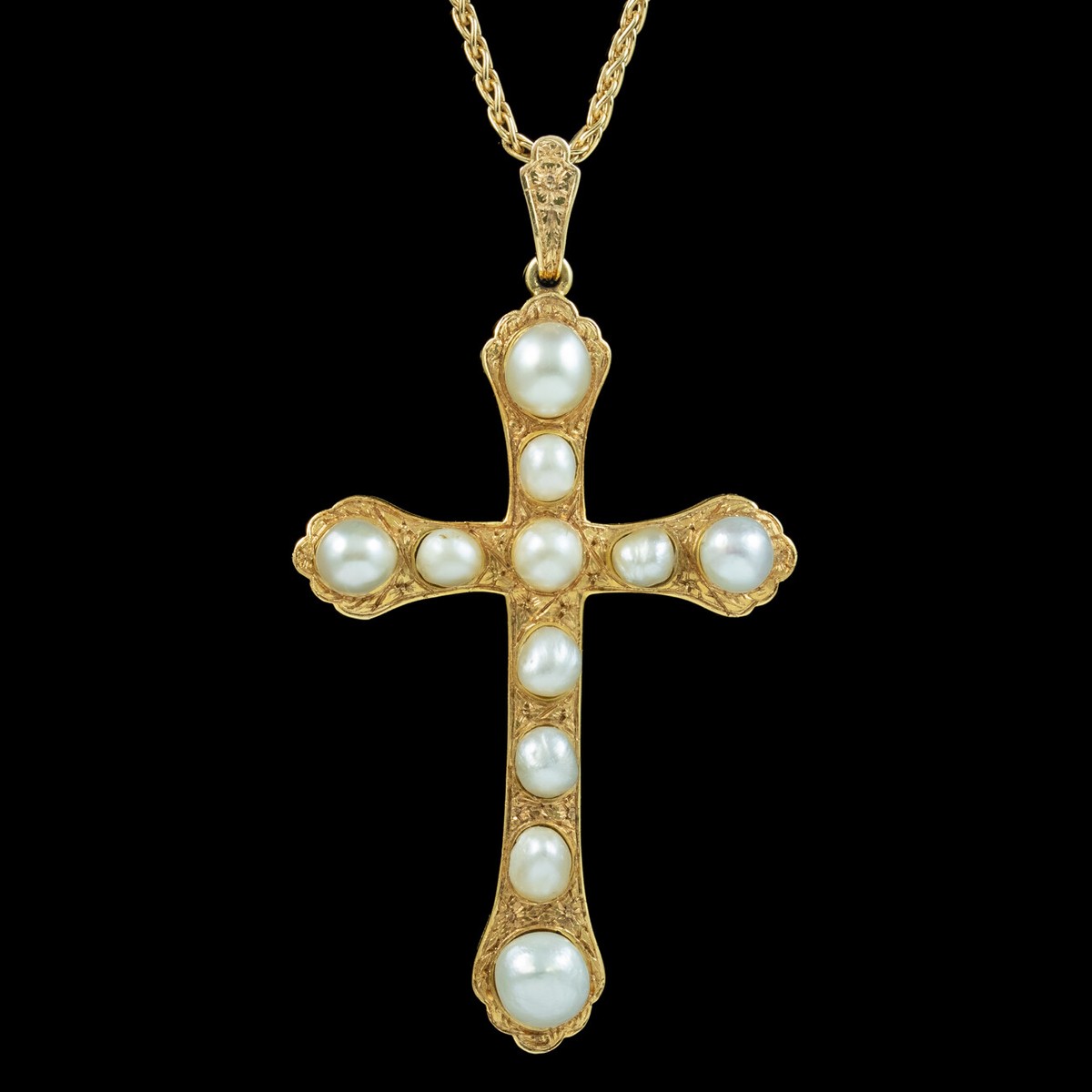 VINTAGE NATURAL BAROQUE PEARL CROSS PENDANT NECKLACE 18CT GOLD