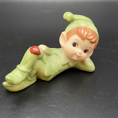 Vintage Pixie Elf White Porcelain Bisque Figurine Relaxing Ladybug Friend 4 