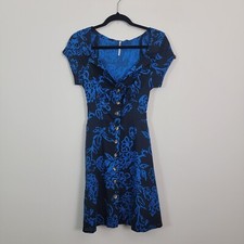 Free People Mini Dress 0 Blue Floral Linen Blend Button Front Tie Back Tropical