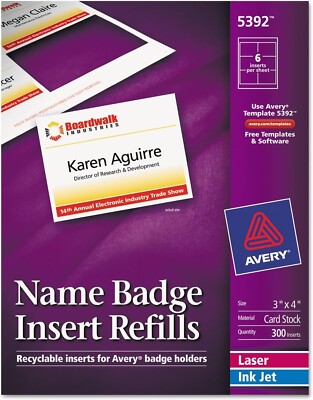 Avery 5392 Name Badge Insert Refill Additional Laser/Inkjet 3 x 4 White 300/BxV6