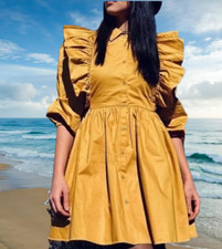 NWT ZARA COTTON RUFFLED VOLUMINOUS DRESS MUSTARD Sz M