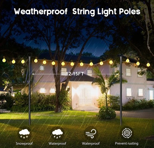 2Pack String Light Poles for Outside, 10FT Heavy Duty Pole & Bracket Kit - Picture 2 of 4