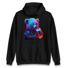 Image of A Cool Bear sipping a drink Hoodie,Retro Style Animal Funny Graphic Hood