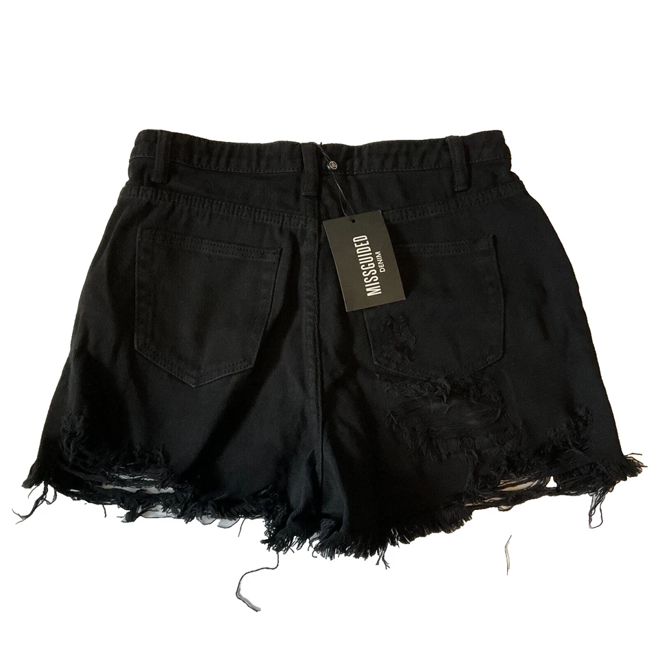 Missguided Denim Shorts Women Size 4 Black Distressed Extreme Rip Hem High Waist - Изображение 2 из 4