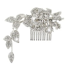 Wedding Flower Leaf 5.5 Inch Hair Comb Clear Austrian Crystal Silver-Tone