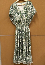 Max Studio London White/Green Floral V-Neck Smocked Maxi Dress M Holiday 