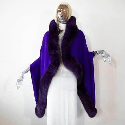 Vintage 80er Jahre lila Wolle Cape Fuchspelzbesatz Kapuze Halstuch One Size