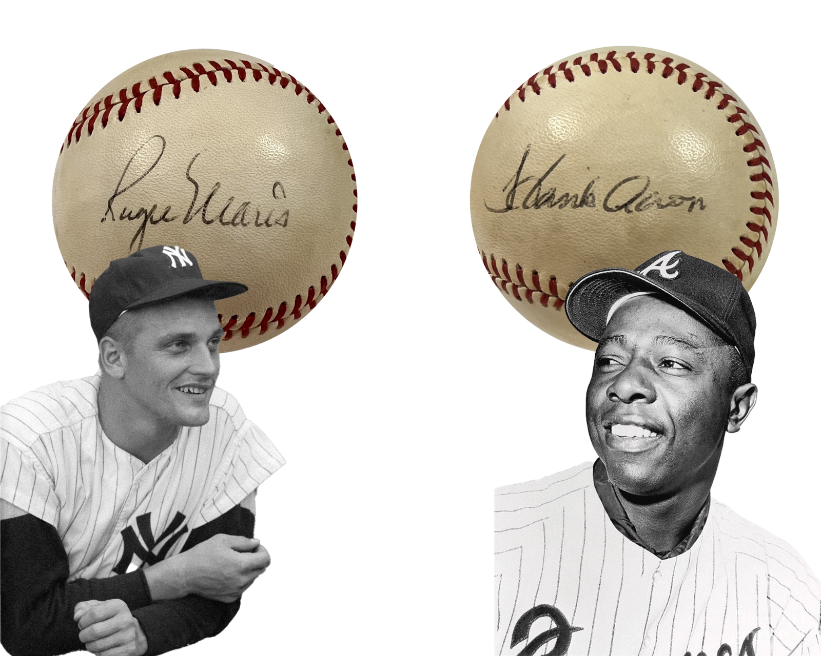 Hank Aaron Autographed Signed Atlanta Braves Roger Maris Baseball, Homerun Kings, Record Breakers. PSA 