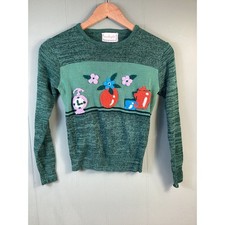 Vintage Girls Acrylic Sweater Knitted Flowers Green Novelty Preppy School Ski