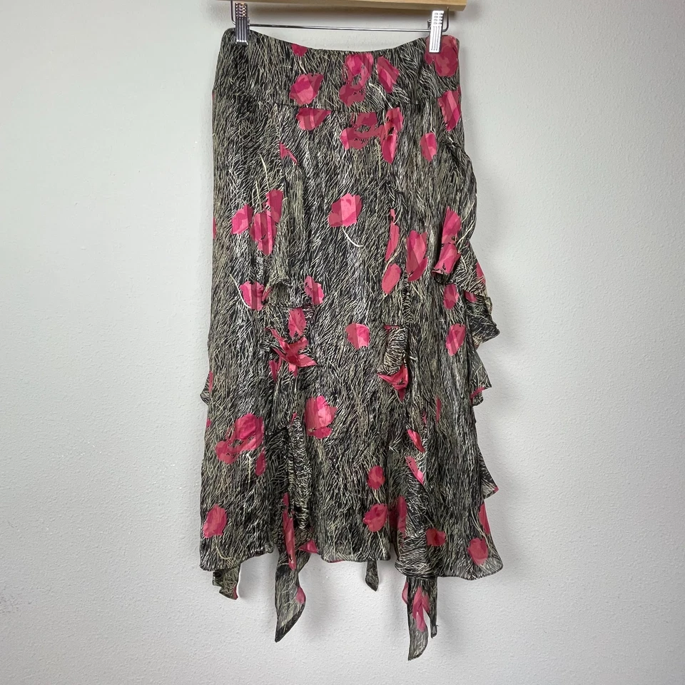 Maxi Falda Jones New York 100% Seda Floral Cascada Volantes Boho Gótico Foto 2 de 4