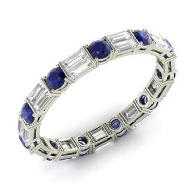 1.96 Ct Round Cut Sapphire & Diamond Engagement Eternity Band 14K White Gold