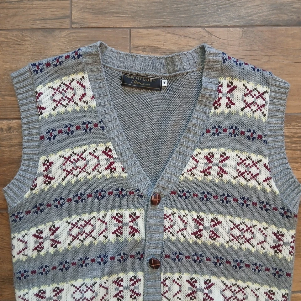 Cardigã Vintage Van Heusen Suéter Feminino Cinza Médio Ilha Justa Colete de Malha EUA - Imagem 2 de 4