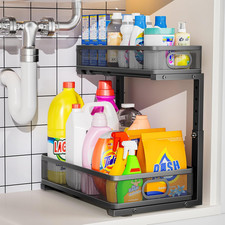 Adjustable 2-Tier Under Sink Organizer with Pull-Out Storage Drawer, Black