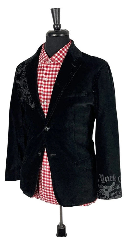 Blazer DKNY Para Hombres Negro Terciopelo Bordado Gráfico Traje Chaqueta/Abrigo Talla Mediana Foto 3 de 4