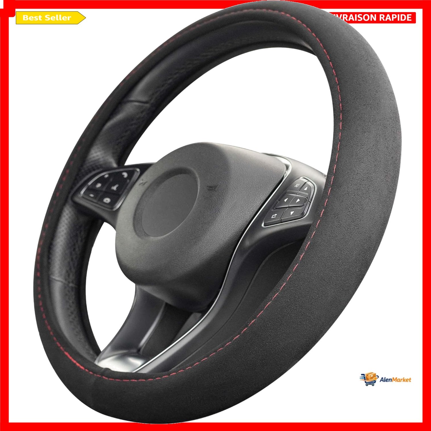 Housse de volant alcantara rouge et noir Upgrade4cars antidérapante pour auto