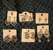 Women's Mixed Lot 6-Piece Silver Tone Metal Rhinestone Earrings, Assorted