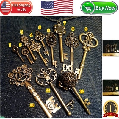 Vintage Skeleton Keys Charm Set - 12 Unique Antique Bronze Designs for Crafting