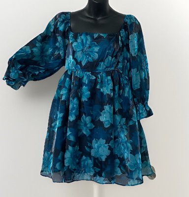 Large Women LA Teal Metallic Balloon Long Sleeve Mini Babydoll Dress Fanciful