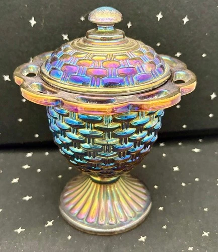 VTG Imperial Glass Smoked Brown Carnival Glass Sugar Bowl W/Lid Basketweave
