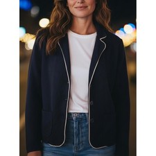 Banana Republic Navy Blue Cotton Knit Blazer White Piping Sz L Nautical Coastal