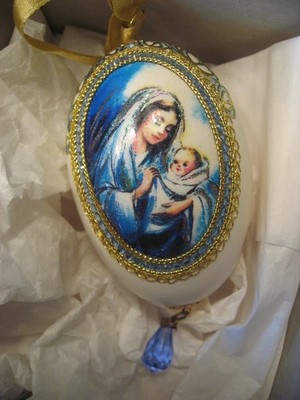Geri Meyer Madonna and Child Egg Christmas Ornament with Faux Gems 2009 Signed