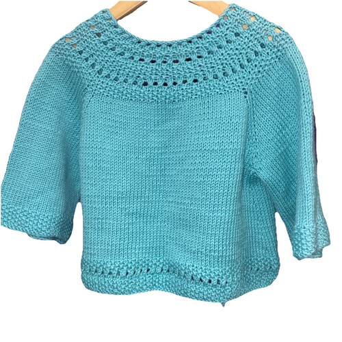 Handmade Hand Knit Teal Blue Knit Cardigan Open Front Wool Silk Cashmere Siz 3-4 - Picture 4 of 5