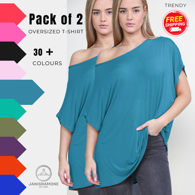 Schulterfreies Damen Oberteil Fledermausärmel Oversize T-Shirt Bardot Oberteil 2er Pack