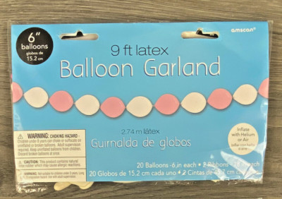 9ft latex Balloon Garland 20 Pink White Balloons 6'' with 2 Ribbons 18''