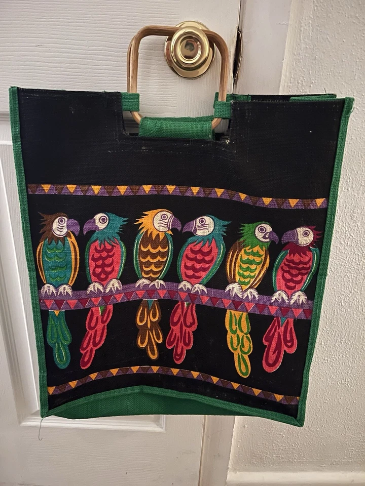 VTG Totebag Parrots Bamboo Handle Pink Green Yellow Black  Boho Grocery Bag Fun - Image 2 of 4