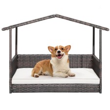 Dog House Outdoor with Canopy Rattan Dog Bed with Water-resistant Cushion