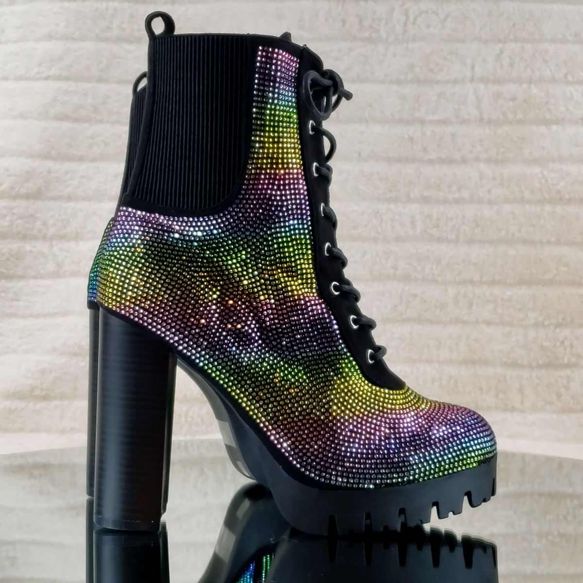 Wild Diva Veronica Rainbow Rhinestone Chunky Heel Ankle Boots