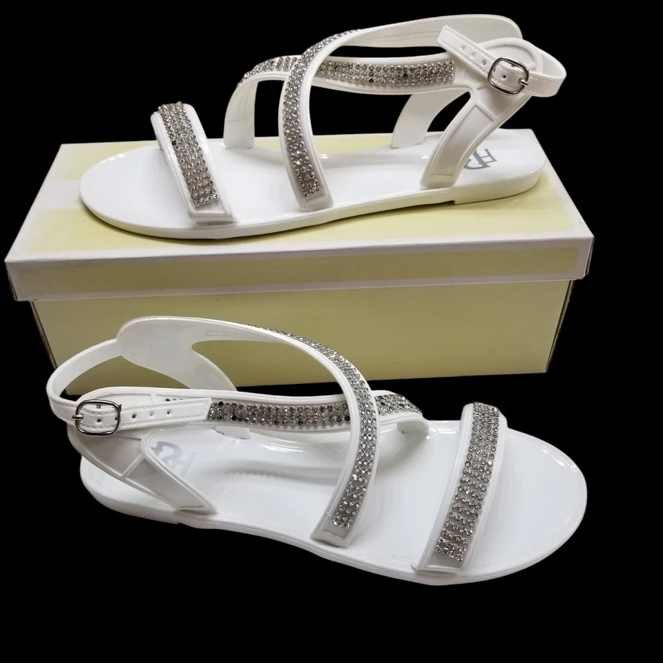 FARENHEIT со стразами с ремешками плоский желе сандалии женщин размер 8 белый новый в коробке - Изображение 2 из 4
